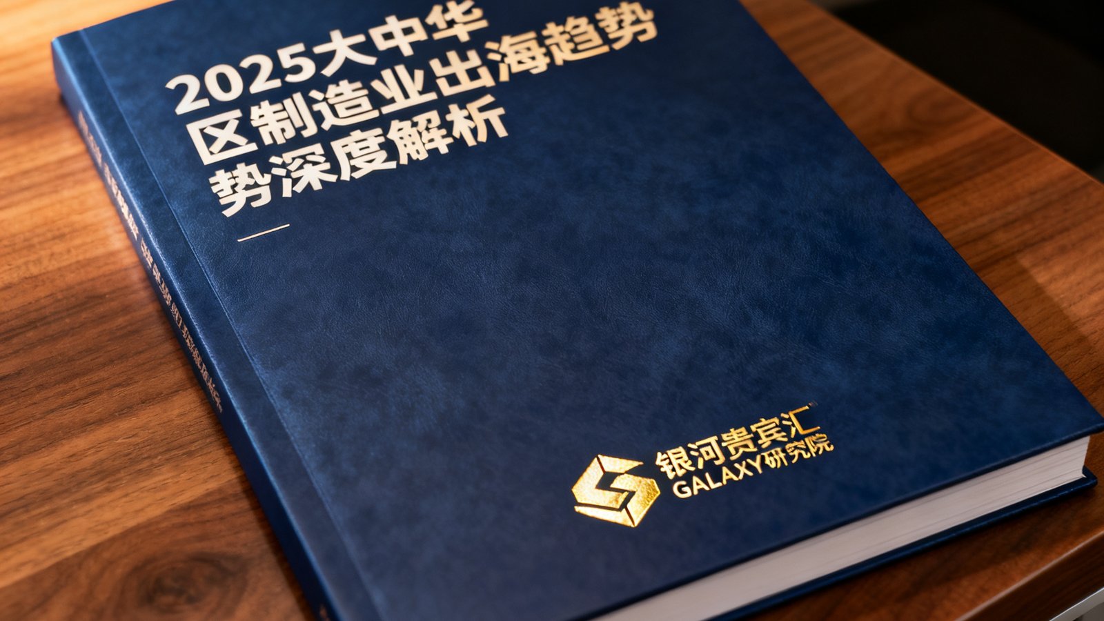 一份深蓝色封面的行业白皮书特写，标题为'2025大中华区制造业出海趋势深度解析'，封面上印有银河贵宾汇GALAXY研究院的烫金标志，放置在木质办公桌上